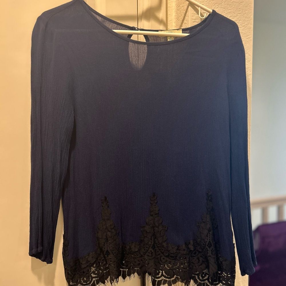 Kori Women’s Navy Blue Blouse Trimmed with Black Lace Hem, Size M